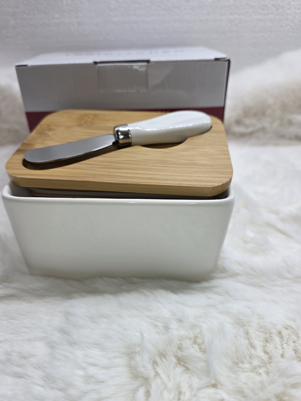 White Ceramic Butter Dish with Bamboo Lid and Spreader